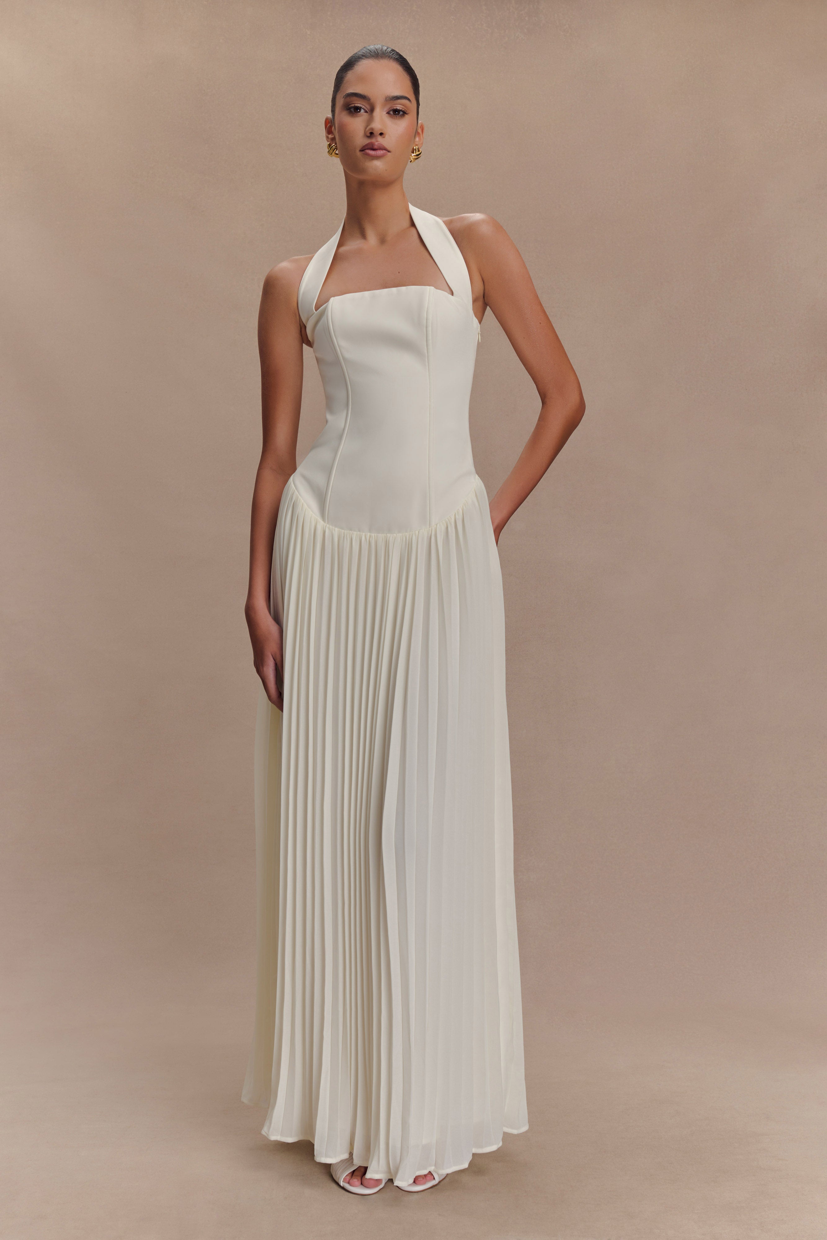Stacie Pleated Halter Dress